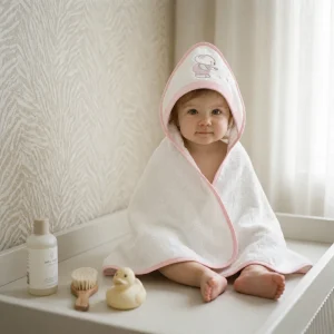 Accappatoio triangolo neonato Cercatore di Stelle Rosa baby 70x70 cm con ricamo orsetto