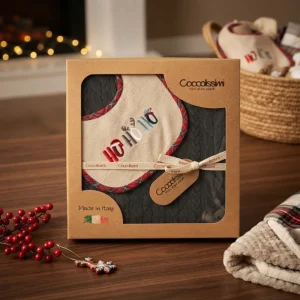 Set regalo Natale neonato con coperta verde abete e bavaglino natalizio