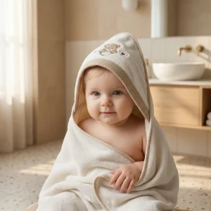 Telo bagno triangolo neonato Orso Cuore colore tortora con cappuccio ricamato